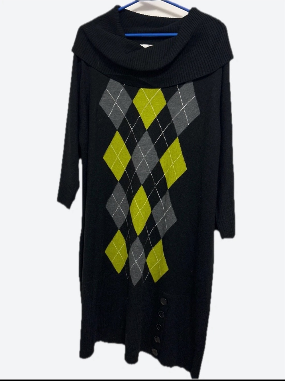 Studio One Black Cowlneck Sweater Dress with Green and Gray Argyle